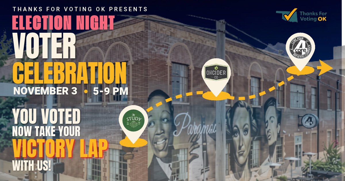 Thanks For Voting OK presents Election Night Voter Celebration. November 3, 5 to 9 PM. You voted, now take your victory lap with us. The Study, OKCider Co., and Core Four Brewing Company on Film Row in Oklahoma City.